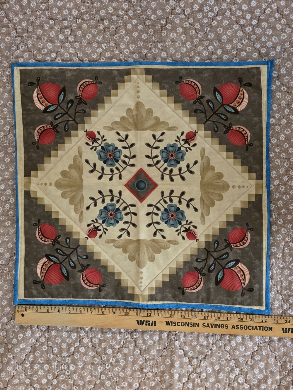 Floral Medallion Table Linen Or Wall Hanging - Cream, Blue & Red